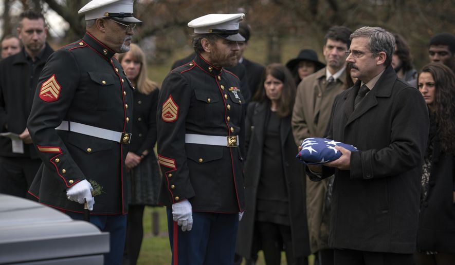 This image released by Lionsgate shows Laurence Fishburne, from left, Bryan Cranston and Steve Carell in a scene from "Last Flag Flying." (Wilson Webb/Lionsgate via AP)