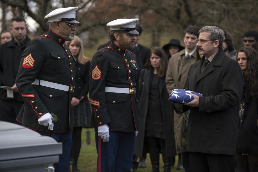 This image released by Lionsgate shows Laurence Fishburne, from left, Bryan Cranston and Steve Carell in a scene from "Last Flag Flying." (Wilson Webb/Lionsgate via AP)