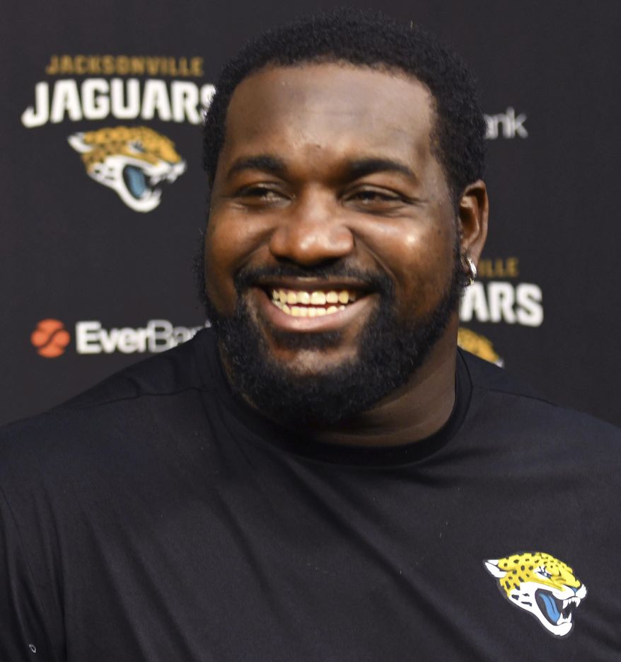 On Monday Oct. 30, 2017 newly acquired Jacksonville Jaguars defensive tackle Marcell Dareus spoke to the media about his departure from the Buffalo Bills and his day of practice with the Jaguars. The interview took place in the TV studio in EverBank Field in Jacksonville, Fla. (Bob Mack/Florida Times-Union via AP)