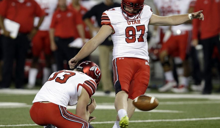 FILE - In this Sept. 22, 2017, file photo, Utah place kicker Matt Gay (97) kicks in the second half of an NCAA college football game against Arizona in Tucson, Ariz. Kicker Matt Gay is one positive in a serious slump for the Utah Utes. Colorado's kicker is a 30-year-old freshman, while Washington State's kicker booted a 56-yard field goal last weekend. The Pac-12 has some intriguing players at the vitally important position. (AP Photo/Rick Scuteri, File)