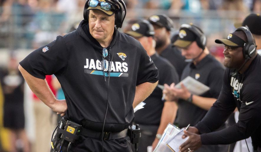 FILE - In this Sunday, Oct. 15, 2017 file photo, Jacksonville Jaguars head coach Doug Marrone paces the sidelines during a timeout call in the second half of an NFL football game against the Los Angeles Rams in Jacksonville, Fla. Maybe coach Doug Marrone should put his team on a plane Saturday, fly in circles for a few hours, land back in Jacksonville and head to a hotel. Switch it up. Try something different. Treat the Jaguars’ home game against Cincinnati (3-4) on Sunday, Nov. 5, 2017 like it’s on the road. Why not? Jacksonville (4-3) has lost both home games this season and nine of its last 10 at EverBank Field. (AP Photo/Stephen B. Morton, File)