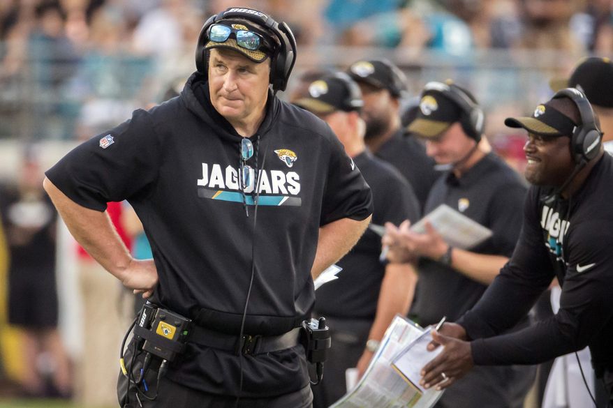 FILE - In this Sunday, Oct. 15, 2017 file photo, Jacksonville Jaguars head coach Doug Marrone paces the sidelines during a timeout call in the second half of an NFL football game against the Los Angeles Rams in Jacksonville, Fla. Maybe coach Doug Marrone should put his team on a plane Saturday, fly in circles for a few hours, land back in Jacksonville and head to a hotel. Switch it up. Try something different. Treat the Jaguars’ home game against Cincinnati (3-4) on Sunday, Nov. 5, 2017 like it’s on the road. Why not? Jacksonville (4-3) has lost both home games this season and nine of its last 10 at EverBank Field. (AP Photo/Stephen B. Morton, File)