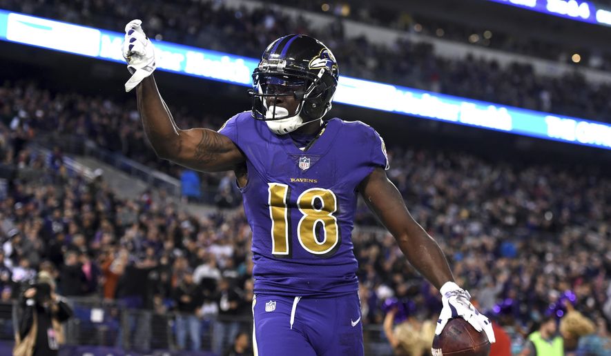 FILE - In this Oct. 26, 2017, file photo, Baltimore Ravens wide receiver Jeremy Maclin gestures after scoring a touchdown in the first half of an NFL football game against the Miami Dolphins, in Baltimore. Maclin&#39;s first season in Baltimore has been a strange one. He&#39;s got only 19 catches and missed two games with a shoulder injury, yet leads all Ravens wide receivers in receptions and touchdowns. (AP Photo/Gail Burton, File)