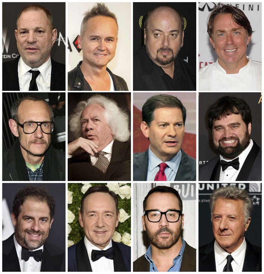 This combination photo shows, top row from left, film producer Harvey Weinstein, former Amazon Studios executive Roy Price, director James Toback, New Orleans chef John Besh, middle row from left, fashion photographer Terry Richardson, New Republic contributing editor Leon Wiseltier, former NBC News political commentator Mark Halperin, former Defy Media executive Andy Signore, and bottom row from left, filmmaker Brett Ratner, actor Kevin Spacey, actor Jeremy Piven and actor Dustin Hoffman. In the weeks since the string of allegations against Weinstein first began, an ongoing domino effect has tumbled through not just Hollywood but at least a dozen other industries. (AP Photos/File)