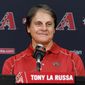 FILE - In this May 17, 2014, file photo, Tony La Russa, newly hired as chief baseball officer for the Arizona Diamondbacks, speaks to reporters after being introduced in Phoenix. The Boston Red Sox have hired La Russa  to serve as a vice president and special assistant on its baseball operations staff, the announced Thursday, Nov. 2, 2017.  He served the past four seasons as the Arizona Diamondbacks chief baseball analyst, advising Arizona&#39;s baseball operations department.  (AP Photo/Matt York, File)