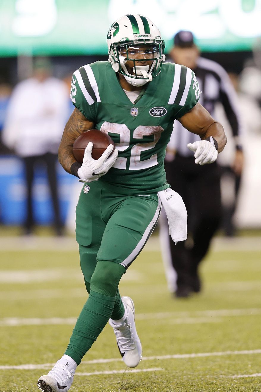 New York Jets running back Matt Forte carries for a touchdown against the Buffalo Bills during the second half of an NFL football game, Thursday, Nov. 2, 2017, in East Rutherford, N.J. (AP Photo/Kathy Willens)