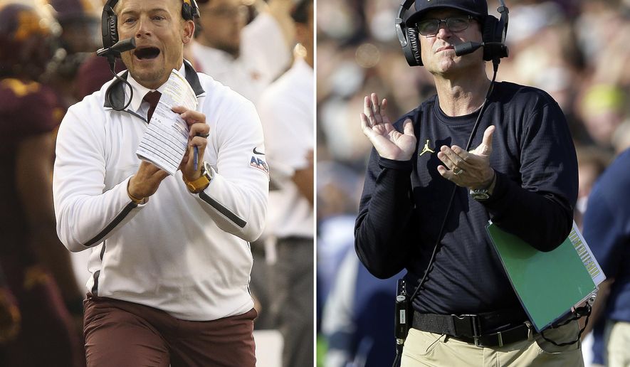 FILE - At left, in an Aug. 31, 2017, file photo, Minnesota coach P.J. Fleck calls for a timeout during an NCAA college football game against Buffalo in Minneapolis. At right, in a Sept. 23, 2017, file photo, Michigan head coach Jim Harbaugh claps after a touchdown against Purdue during the first half of an NCAA college football game in West Lafayette, Ind. Minnesota plays at Michigan on Saturday night, Nov. 4. (AP Photo/File)