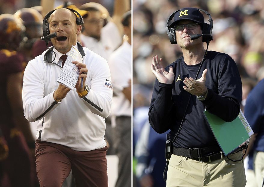 FILE - At left, in an Aug. 31, 2017, file photo, Minnesota coach P.J. Fleck calls for a timeout during an NCAA college football game against Buffalo in Minneapolis. At right, in a Sept. 23, 2017, file photo, Michigan head coach Jim Harbaugh claps after a touchdown against Purdue during the first half of an NCAA college football game in West Lafayette, Ind. Minnesota plays at Michigan on Saturday night, Nov. 4. (AP Photo/File)