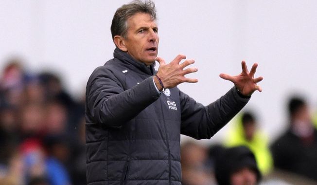 Leicester City manager Claude Puel gestures during their English Premier League soccer match against Stoke City at the bet365 Stadium, Stoke-on-Trent, England, Saturday, Nov. 4, 2017. (Aaron Chown/PA via AP)
