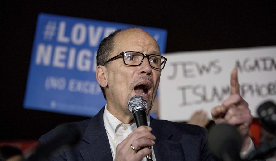 In this Monday, March 6, 2017, file photo, Democratic National Committee (DNC) Chairman Tom Perez speaks at a protest in Washington. (AP Photo/Andrew Harnik, File)