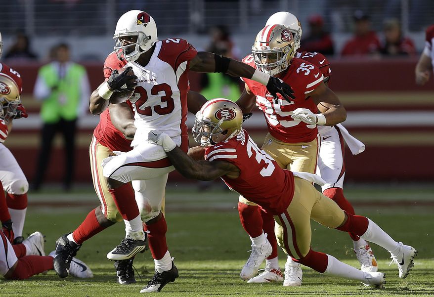 Arizona Cardinals running back Adrian Peterson (23) runs against the San Francisco 49ers during the first half of an NFL football game in Santa Clara, Calif., Sunday, Nov. 5, 2017. (AP Photo/Ben Margot)