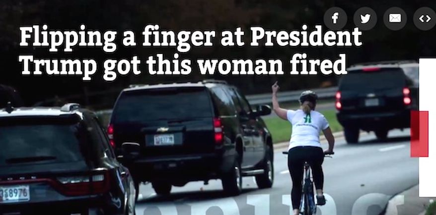 Former government contractor Juli Briskman was fired by Akima LLC after a picture of her giving the middle finger to President Trump&#39;s motorcade on Oct. 28 went viral on social media. (Image: HuffPost video screenshot)