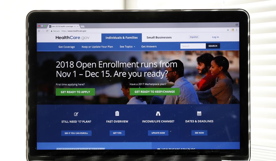 In this Oct. 18, 2017, file photo, the Healthcare.gov website is seen on a computer screen in Washington. (AP Photo/Alex Brandon) ** FILE **
