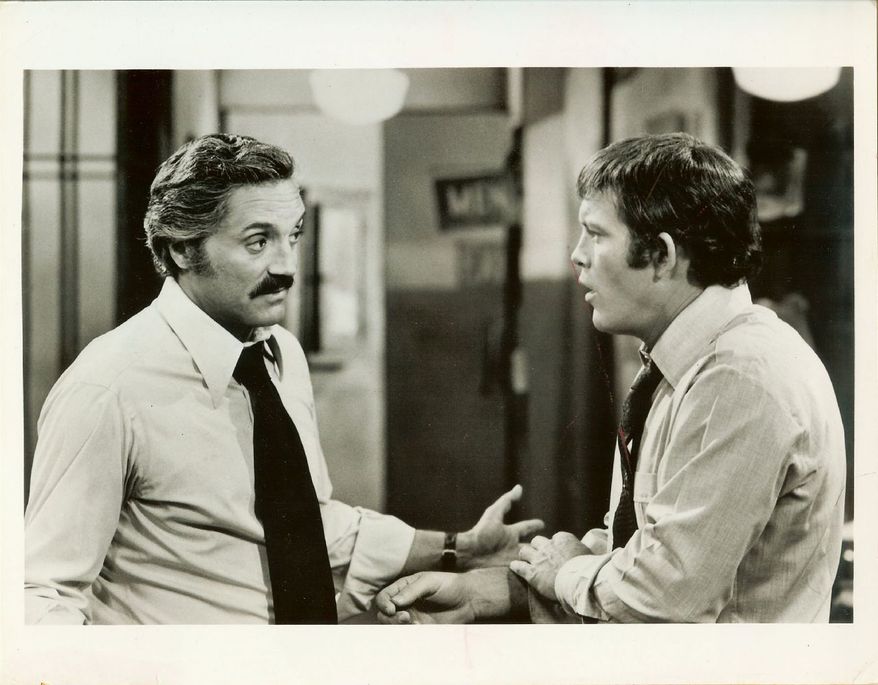 Captain Barney Miller (Hal Linden) and Detective Stan "Wojo" Wojciehowicz (Max Gail) in a scene from "Barney Miller." (Pinterest)