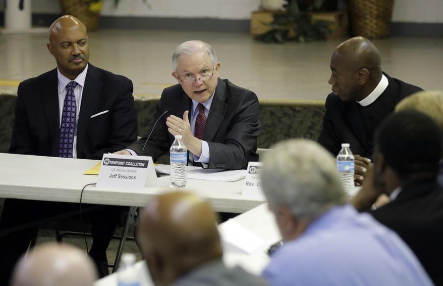 U.S. Attorney General Jeff Sessions speaks to members of the Indianapolis Ten Point Coalition, Nov. 6, 2017, in Indianapolis. The group is known for its campaigns to stem violence in crime-plagued neighborhoods. (AP Photo/Darron Cummings)