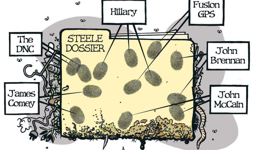 Illustration on the Steele Dossier by Alexander Hunter/The Washington Times