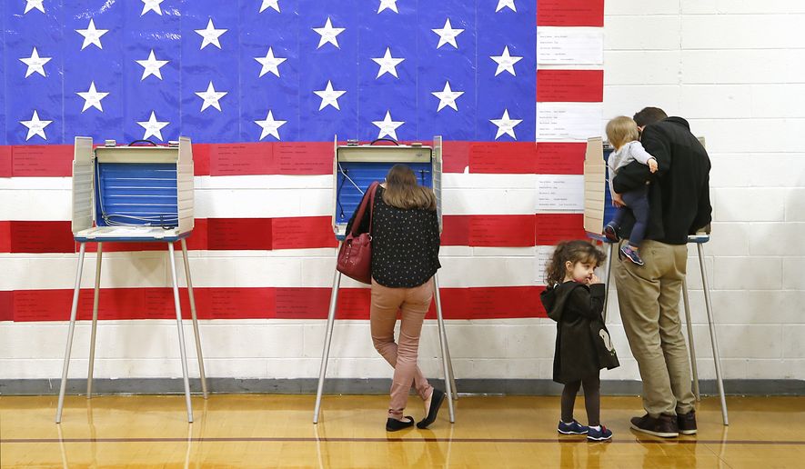 Tabitha Thal, age 4, and Matilda Thal, age 1, wait while their parents Brent and Amanda Thal vote at Stonehouse Elementary School in Williamsburg, Va., Tuesday, Nov. 7, 2017. (Alexa Welch Edlund/Richmond Times-Dispatch via AP)