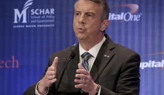 In this Sept. 19, 2017, file photo, Republican gubernatorial candidate Ed Gillespie describes his views on confederate monuments in McLean, Va. (Bonnie Jo Mount/The Washington Post via AP, Pool, File)