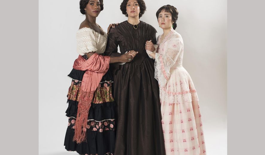This image released by the San Francisco Opera shows, from left, J&#x27;Nai Bridges as Josefa Segovia, Julia Bullock as Dame Shirley, and Hye Jung Lee as Ah Sing from the opera, &amp;quot;Girls of the Golden West,” a twist on Puccini&#x27;s 1910 opera “Girl of the Golden West,” premiering at the San Francisco Opera on Nov. 21. (Kristen Loken/San Francisco Opera via AP)