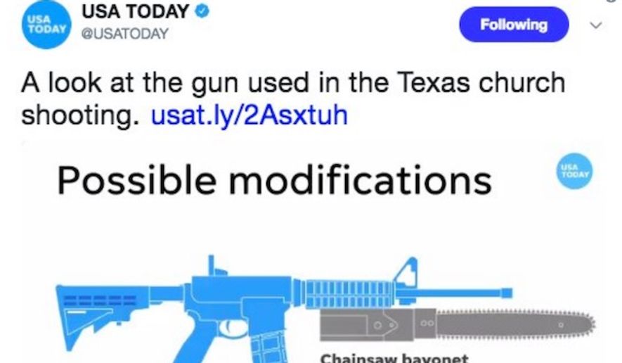 Twitter users mocked USA Today&#39;s &quot;chainsaw bayonet&quot; warning on Nov. 8, 2017. (Image: Twitter, USA Today)