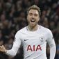 FILE - In this Wednesday, Nov. 1, 2017 file photo, Tottenham&#39;s Christian Eriksen celebrates scoring his side&#39;s third goal during a Champions League Group H soccer match between Tottenham Hotspur and Real Madrid at the Wembley stadium in London. Christian Eriksen is carrying the hopes of a nation as Denmark looks to qualify for a first major tournament since 2012. (AP Photo/Matt Dunham, File)