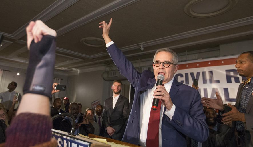 Democratic nominee Larry Krasner takes the stage after winning the election to be the next Philadelphia District Attorney in Philadelphia, Tuesday, Nov. 7, 2017. (Charles Fox/The Philadelphia Inquirer via AP)