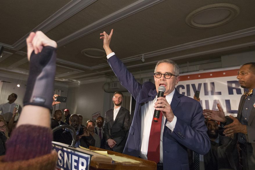 Democratic nominee Larry Krasner takes the stage after winning the election to be the next Philadelphia District Attorney in Philadelphia, Tuesday, Nov. 7, 2017. (Charles Fox/The Philadelphia Inquirer via AP)