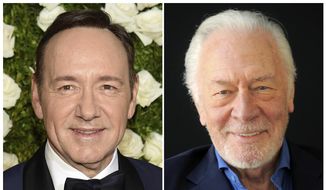 This combination photo shows Kevin Spacey at the Tony Awards in New York on June 11, 2017, left, and  Christopher Plummer during a portrait session in Beverly Hills, Calif. on July 25, 2013. Spacey is getting cut out of Ridley Scott’s finished film “All the Money in the World” and replaced by Christopher Plummer just over one month before it’s supposed to hit theaters. People close to the production who were not authorized to speak publicly say Plummer is commencing reshoots immediately in the role of J. Paul Getty. (AP Photo)