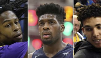 FILE - At left, in a March 10, 2016, file photo, Aransas Pass high school basketball player Jalen Hill is shown during a state semifinal basketball game in San Antonio. At center, in a Jan. 16, 2017, file photo,  Sierra Canyon&#39;s Cody Riley is shown during a high school basketball game in Springfield, Mass. At right, in a Nov. 20, 2016, file photo, LiAngelo Ball is shown in Los Angeles. Citing a person close to the situation, the Los Angeles Times reported that UCLA freshmen LiAngelo Ball, Cody Riley and Jalen Hill were involved in a shoplifting incident in China. UCLA basketball coach Steve Alford will sit the three players for Saturday&#39;s game against Georgia Tech in Shanghai. (AP Photo/File)