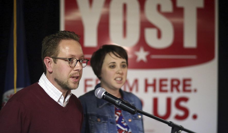 Virginia House of Delegates 12th district incumbent Joseph Yost and his wife Lisa address supporters after losing his seat in Pearisburg, Va., Tuesday, Nov. 7 2017. Chris Hurst beat Yost Tuesday in a high-profile race for the Blacksburg-area seat. (Matt Gentry/The Roanoke Times via AP)