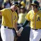FILE - In this May 7, 2017, file photo, Oakland Athletics&#39; Ryon Healy, right, celebrates with third base coach Chip Hale after hitting a walkoff two-run home run off Detroit Tigers&#39; Francisco Rodriguez in the ninth inning of a baseball game in Oakland, Calif. Former major league skipper Chip Hale will be the bench coach for new Washington Nationals manager Dave Martinez, while Derek Lilliquist will be the team&#39;s pitching coach, the Nationals announced, Thursday, Nov. 9, 2017. Hale was Oakland&#39;s third base coach last season. Before that, he managed the Arizona Diamondbacks in 2015 and 2016. (AP Photo/Ben Margot, File)