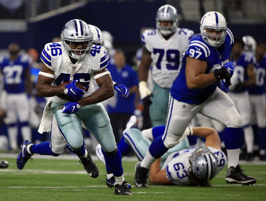 FILE - In this Aug. 19, 2017, file photo, Dallas Cowboys running back Alfred Morris (46) runs the ball against the Indianapolis Colts during the first half of a preseason NFL football game in Arlington, Texas. The Cowboys’ enviable running back depth will be tested, as will their three-game winning streak, when they are expected to face the Atlanta Falcons on Sunday without Ezekiel Elliott. (AP Photo/Ron Jenkins, File)