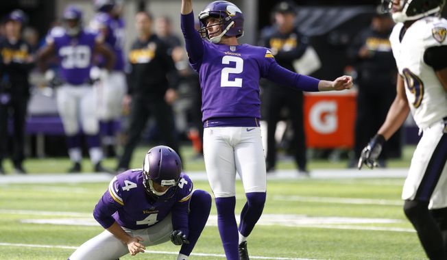 FILE - In this Oct. 22, 2017, file photo, Minnesota Vikings kicker Kai Forbath (2) kicks a 52-yard field goal during the first half of an NFL football game against the Baltimore Ravens, in Minneapolis. NFL kickers are thriving as much as ever. Ten of them are making 90 percent or more of their field goals, with 50-plus-yarders becoming more and more routine. (AP Photo/Jim Mone, File)