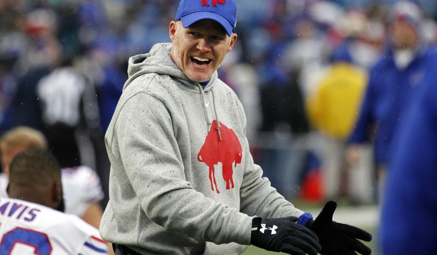 FILE - In this Oct. 29, 2017, file photo, Buffalo Bills head coach Sean McDermott talks to his team prior to an NFL football game against the Oakland Raiders in Orchard Park, N.J. The Bills have been one of the NFL's mid-season surprises in getting off to a 5-3 start for a team that underwent a major offseason overhaul. (AP Photo/Jeffrey T. Barnes, File)