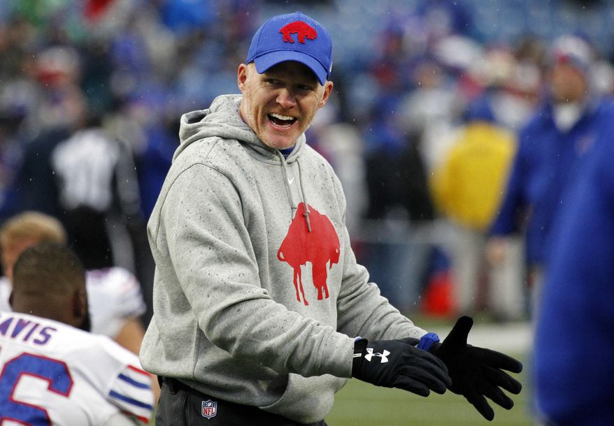 FILE - In this Oct. 29, 2017, file photo, Buffalo Bills head coach Sean McDermott talks to his team prior to an NFL football game against the Oakland Raiders in Orchard Park, N.J. The Bills have been one of the NFL's mid-season surprises in getting off to a 5-3 start for a team that underwent a major offseason overhaul. (AP Photo/Jeffrey T. Barnes, File)