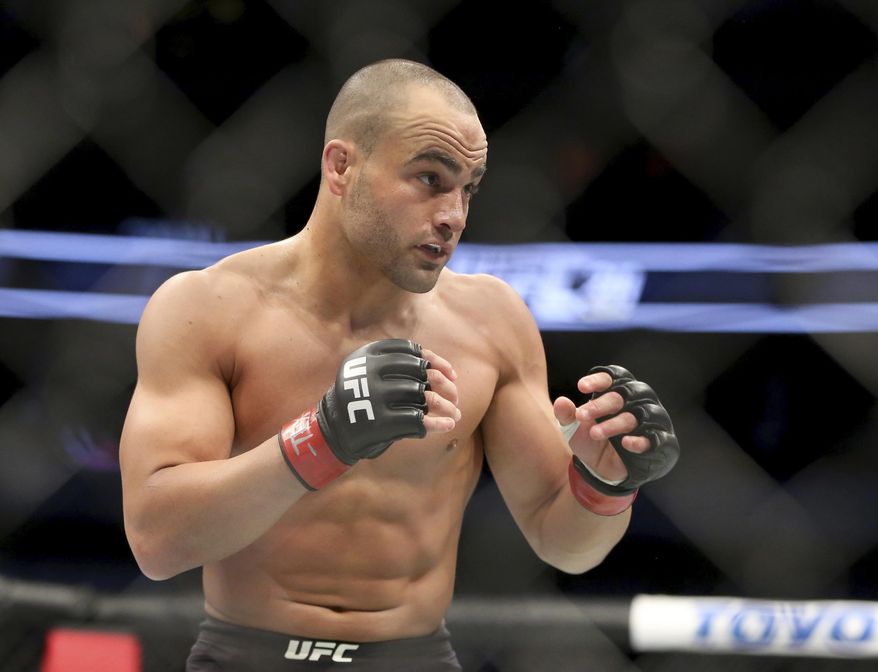 FILE - In this May 13, 2017, file photo, Eddie Alvarez competes at UFC 211 in Dallas. Alvarez is a coach on UFC's long-running reality series, "The Ultimate Fighter." Alvarez (28-5, 1 NC) will fight Justin Gaethje (18-0) at the end of the season in a 155-pound bout on Dec. 2 at UFC 218 in Detroit. (AP Photo/Gregory Payan, File)