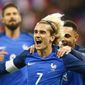 France&#x27;s Antoine Griezmann celebrates after scoring his side&#x27;s opening goal during an international friendly soccer match between France and Wales at Stade de France in Saint Denis, a northern suburb of Paris, France, Friday, Nov. 10, 2017. (AP Photo/Francois Mori)