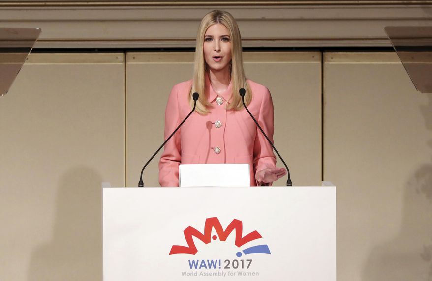 Ivanka Trump, the daughter and advisor to U.S. President Donald Trump, delivers a speech at World Assembly for Women: WAW! 2017 conference in Tokyo Friday, Nov. 3, 2017. (AP Photo/Eugene Hoshiko, Pool)