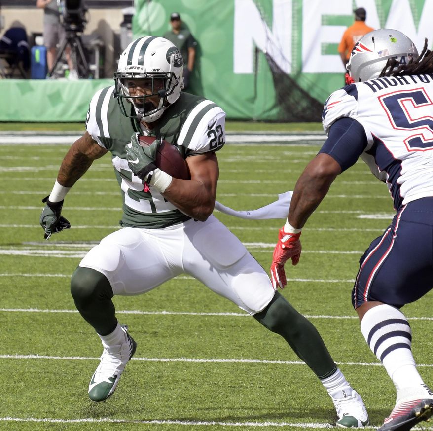 FILE - In this Oct. 15, 2017, file photo, New York Jets running back Matt Forte (22) attempts to get by New England Patriots middle linebacker Dont'a Hightower (54) during the first half of an NFL football game, in East Rutherford, N.J. Forte has been ruled out against the Tampa Bay Buccaneers on Sunday because of swelling in his surgically repaired right knee. (AP Photo/Bill Kostroun, File)