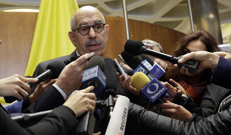 Director General Emeritus of the Intenational atomic Energy Agency and Nobel Peace laureate Mohamed ElBaradei talks to reporters during a break of a conference on nuclear disarmament, at the Vatican, Friday, Nov. 10, 2017. The Vatican hosted Nobel laureates, U.N. and NATO officials and a handful of nuclear powers at a conference aimed at galvanizing support for a global shift from the Cold War era policy of nuclear deterrence to one of total nuclear disarmament.(AP Photo/Andrew Medichini3