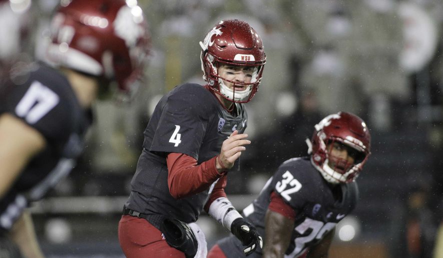 FILE - In this Oct. 21, 2017, file photo, Washington State quarterback Luke Falk (4) calls a play during the first half of the team's NCAA college football game against Colorado in Pullman, Wash. Washington State coach Mike Leach declined to call Saturday's matchup against Utah a do-or-die game in the quest to win the Pac-12 North and a berth in the league title game, but it basically is. (AP Photo/Young Kwak, File)