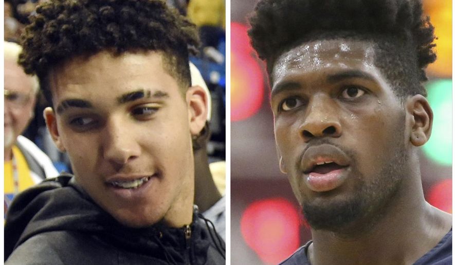FILE - UCLA NCAA college basketball players, Liangelo Ball, left, and Cody Riley are shown in these file photos. The UCLA basketball team is heading back to Los Angeles without three players arrested on shoplifting charges in China, according to a report. Citing sources, ESPN reports freshmen LiAngelo Ball, Cody Riley and Jalen Hill were to remain in Hangzhou, China. UCLA won its season-opening game 63-60 over Georgia Tech in Shanghai on Saturday. (AP Photo/File)