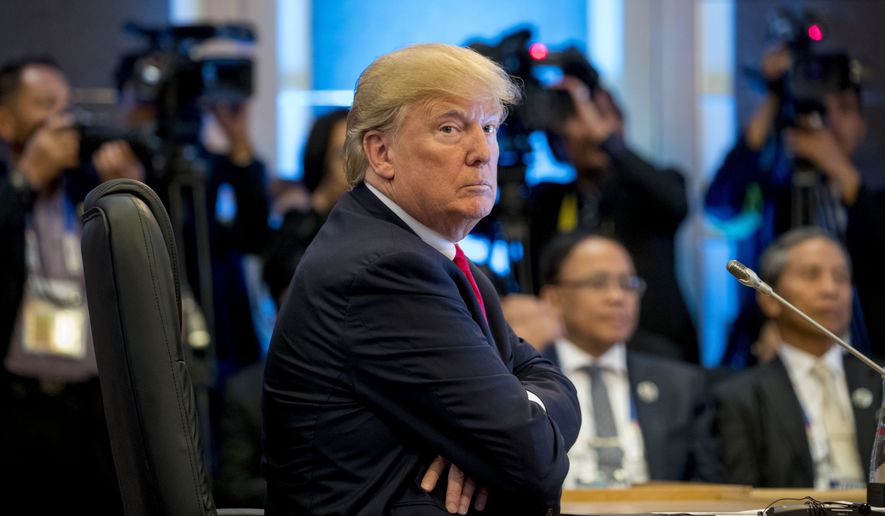 President Donald Trump arrives for the U.S.-ASEAN Summit at the Philippine International Convention Center, Monday, Nov. 13, 2017, in Manila, Philippines. Trump is on a five country trip through Asia traveling to Japan, South Korea, China, Vietnam and the Philippines. (AP Photo/Andrew Harnik)