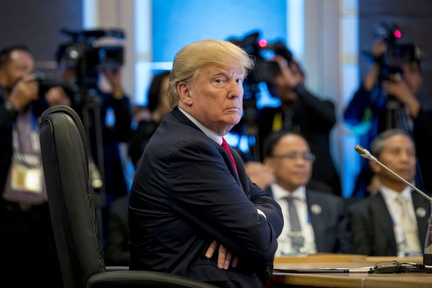 President Donald Trump arrives for the U.S.-ASEAN Summit at the Philippine International Convention Center, Monday, Nov. 13, 2017, in Manila, Philippines. Trump is on a five country trip through Asia traveling to Japan, South Korea, China, Vietnam and the Philippines. (AP Photo/Andrew Harnik)
