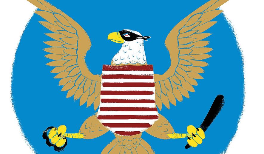 Illustration on the criminalization of government agencies by Linas Garsys/The Washington Times
