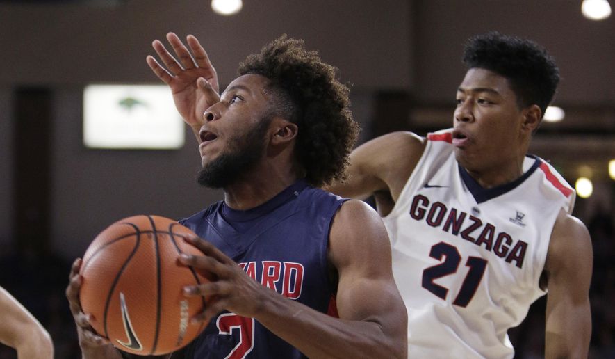 Howard guard RJ Coles (2) drives against Gonzaga forward Rui Hachimura (21) during the second half of an NCAA college basketball game in Spokane, Wash., Tuesday, Nov. 14, 2017. (AP Photo/Young Kwak) **FILE**