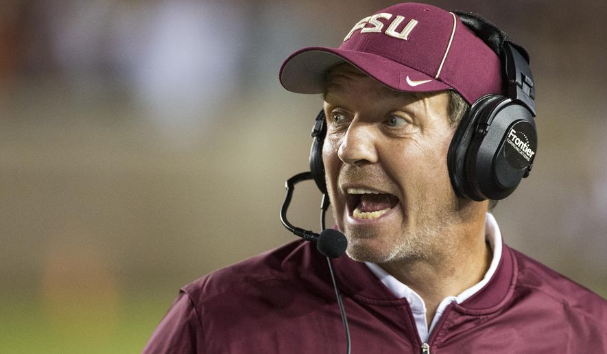 FILE-This Oct. 29, 2016, file photo shows Florida State coach Jimbo Fisher shouting instructions during the second half of the team's NCAA college football game against Clemson in Tallahassee, Fla. With the regular season winding down, the Atlantic Coast Conference’s bowl picture is still unclear. The ACC enters the 12th week of the season with 13 of its 14 teams still in the hunt for bowl berths. (AP Photo/Mark Wallheiser, File)