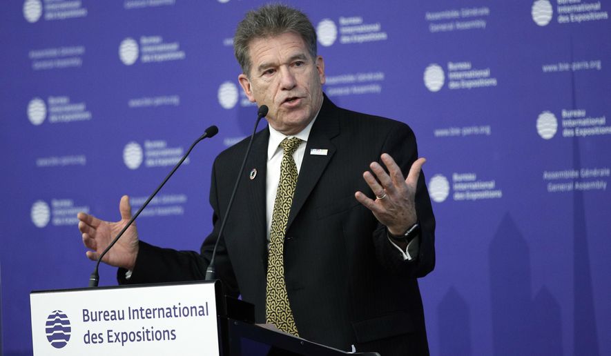 Former secretary of State of Minnesota and President and CEO-USA Expo Mark Ritchie delivers a speech at the 162nd General Assembly of BIE, in Paris, Wednesday, Nov. 15, 2017. The Bureau International des Expositions (BIE) is the intergovernmental organisation in charge of overseeing and regulating World Expos, since 1931. Argentina will host Specialised Expo 2022/23. (AP Photo/Christophe Ena)