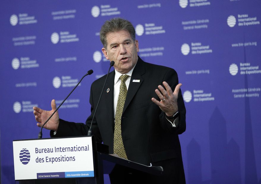 Former secretary of State of Minnesota and President and CEO-USA Expo Mark Ritchie delivers a speech at the 162nd General Assembly of BIE, in Paris, Wednesday, Nov. 15, 2017. The Bureau International des Expositions (BIE) is the intergovernmental organisation in charge of overseeing and regulating World Expos, since 1931. Argentina will host Specialised Expo 2022/23. (AP Photo/Christophe Ena)