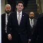 House Speaker Paul D. Ryan led House Republicans to a meeting with President Trump on Thursday for a pep talk before approving a tax overhaul. (Associated Press)
